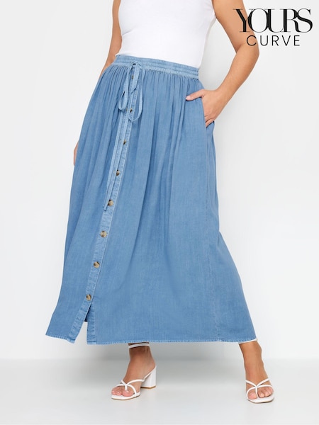 כחול  - Yours Curve Chambray Button Front Maxi Skirt (N29155) | ‏146‏₪