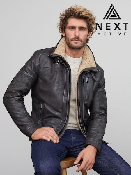 Brown Four Pocket Borg Lined Leather Jacket (N29248) | €203