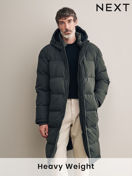 Khaki Green Signature Longline Down Puffer Coat (N29252) | AED382