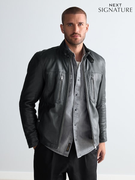 Black Leather Signature Utility Borg Lined Jacket (N29260) | AED787