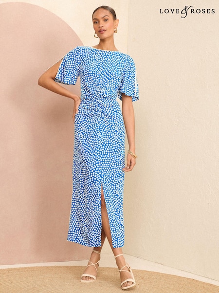 Albaștri cu buline - Rochie midi încrețită cu mânecă evazată Love & Roses (N29393) | 229 LEI