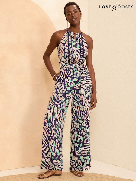 Love & Roses Printed Lace Trim Halter Neck Jumpsuit (N29453) | 193 LEI