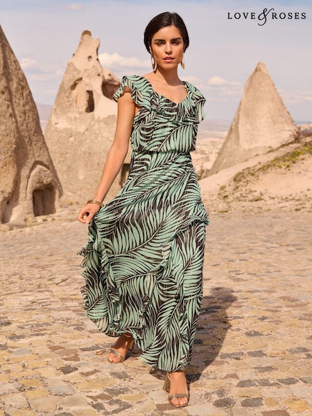 Love & Roses Printed Metallic Ruffle Detail Tie Back Maxi Dress (N29501) | 330 LEI