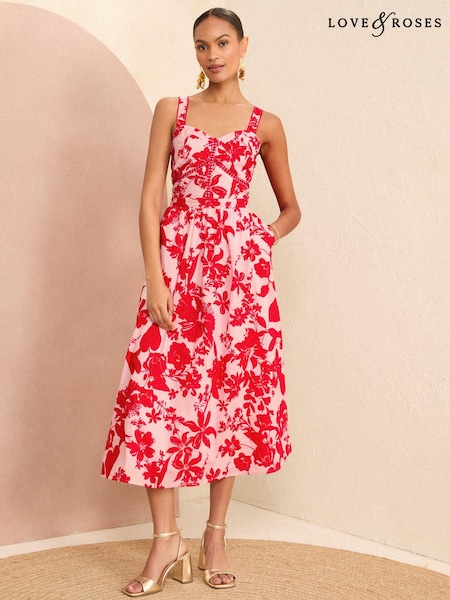Roz și Roșu Floral - Rochie midi din bumbac cu corset și tiv Dantelă Love & Roses (N29502) | 295 LEI