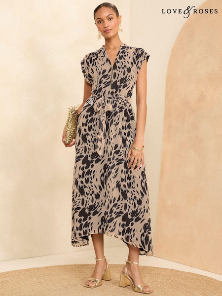 Love & Roses Printed Roll Sleeve Zip Front Midi Dress (N29503) | €35