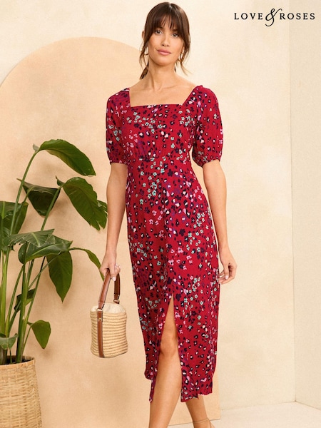 Love & Roses Printed Square Neck Puff Sleeve Midi Dress (N29592) | 208 LEI