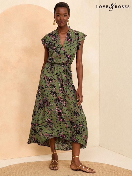 Love & Roses Khaki Animal Flutter Sleeve Belted Shirt Dress (N29593) | €22