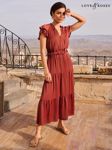 Love & Roses Orange Rust Beaded Trim Ruffle Satin Midi Dress (N29598) | €44