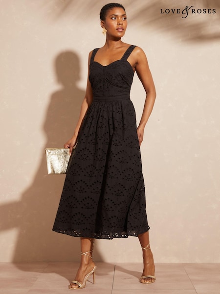 Love & Roses Cami Corset Lace Trim Cotton Midi Dress (N29600) | 243 LEI