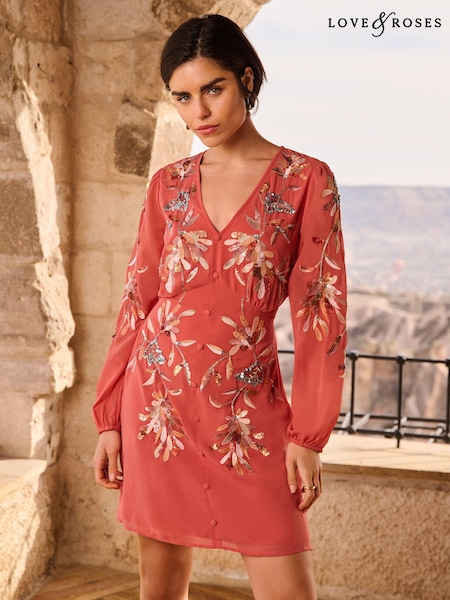Love & Roses Embellished V Neck Long Sleeve Mini Dress (N29605) | 953 LEI