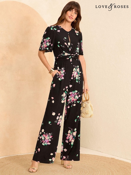 Love & Roses Printed Keyhole Wide Leg Jumpsuit (N29622) | €34