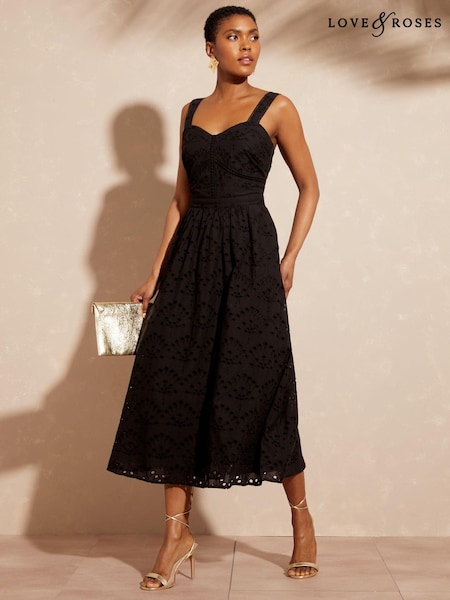 Love & Roses Cami Corset Lace Trim Cotton Midi Dress (N29630) | 243 LEI