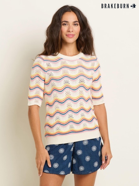Brakeburn Cream 100% Cotton Rainbow Wave Knitted T-Shirt (N29643) | €29