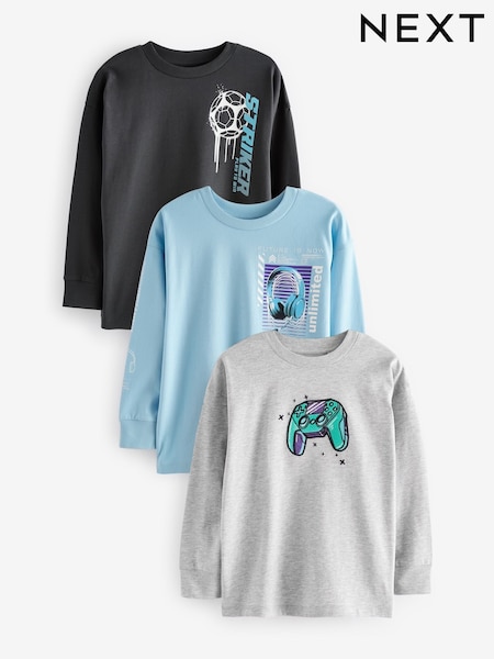 Blue/ Grey Headphones Graphic 100% Cotton Long Sleeve T-Shirts 3 Pack (3-16yrs) (N29663) | 83 QAR - 103 QAR