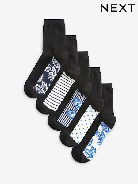Blue / White Floral Footbed Ankle Socks 5 Pack (N29730) | €7.50