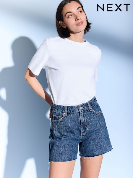 Mid Blue 100% Cotton Embellished Denim Shorts (N29744) | €10