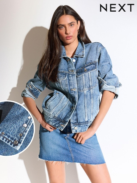 Albastru mediu cu ținte - Oversized Denim Trucker 100% Cotton Jacket (N29758) | 171 LEI