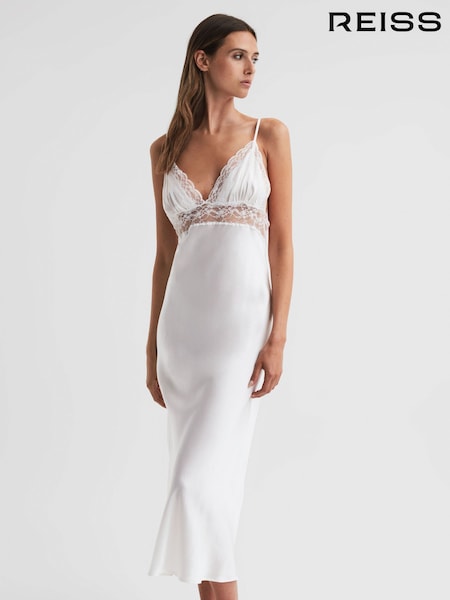 Reiss Optic White Maison Essentiele Silk Lace Midi Dress (N29885) | $498