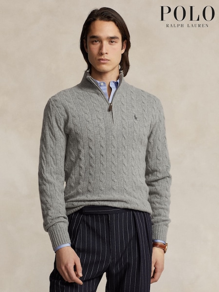 Grey - Regular Polo Ralph Lauren Wool Cashmere Cable Knit Quarter Zip Jumper