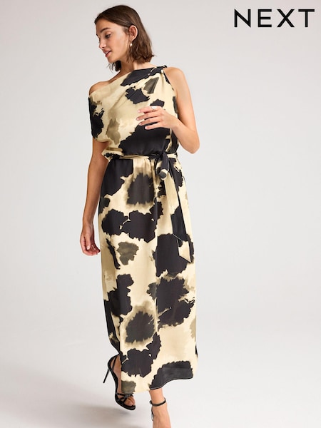 Cream/Black Cow Smudge Print Sleeveless Knot Shoulder Column Maxi Dress (N30378) | 152 QAR