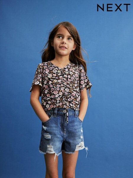 Keski Sininen - 100% Cotton Frayed Edge Distressed Lyhyt lahje (3-16v.) (N30970) | €16 - €23