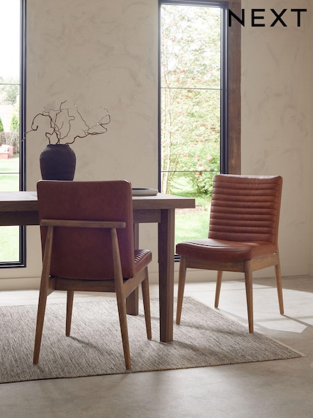 Set of 2 Distressed Faux Leather Tan Brown Atlas Dark Wood Leg Dining Chairs (N31162) | €440