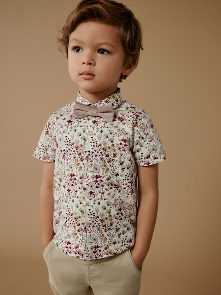 Roz floral - Set Mânecă scurtă cămașă și Papion (3ms-7yri) (N31172) | 69 LEI - 79 LEI