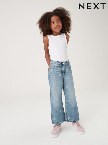 Mid Blue Denim Floral Embroidered 100% Cotton Wide Leg Jeans (3-16yrs) (N31192) | € 11 - € 14