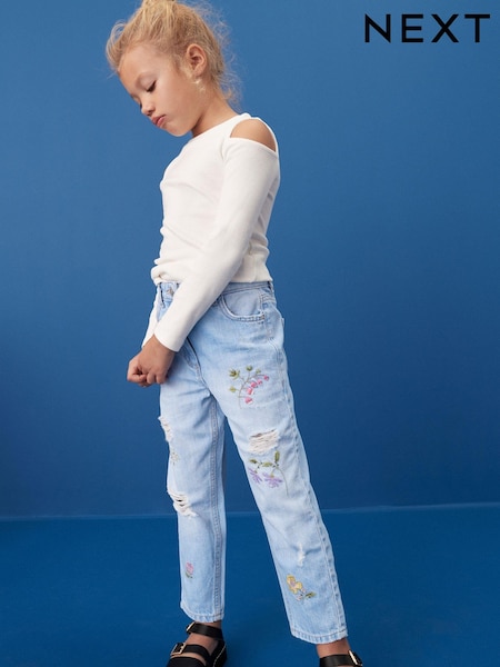 Denim Bright Blue Floral Embroidered Mom Jeans (3-16yrs) (N31195) | € 8 - € 10
