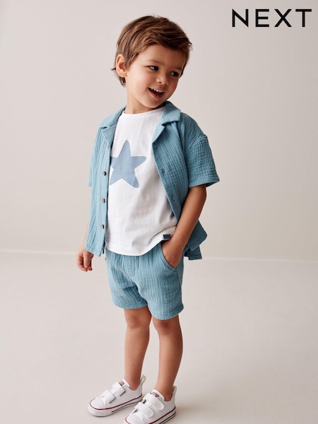 Blue Short Sleeves Textured 100% Cotton Shirt and Shorts Set (3mths-12yrs) (N31283) | €5 - €7