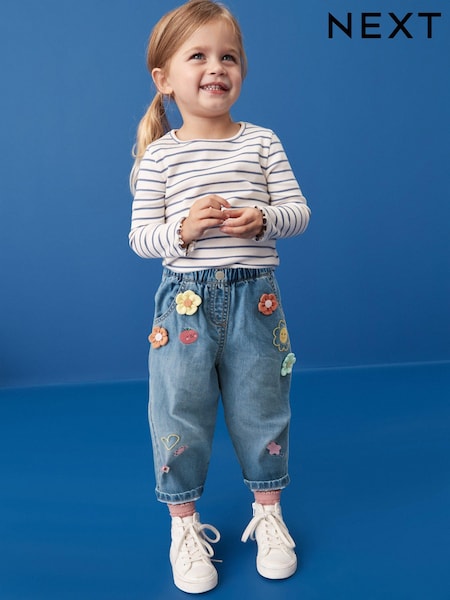 Blue - 3d Flower Print Slouchy 100% Cotton Jeans (3mths-7yrs)