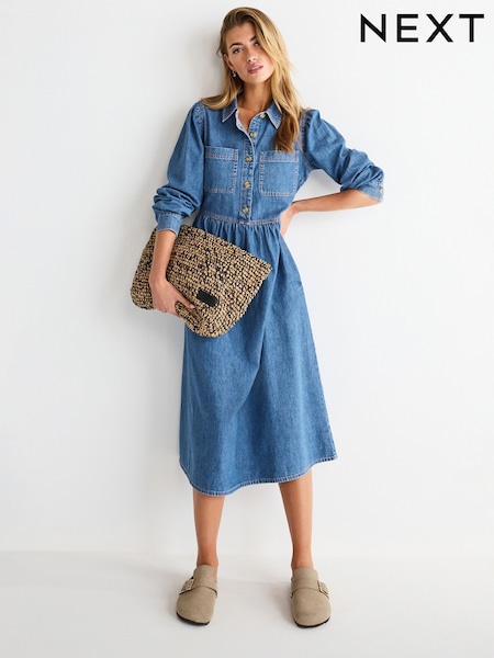 Mid Blue Denim Smock Midi Dress (N31468) | AED90