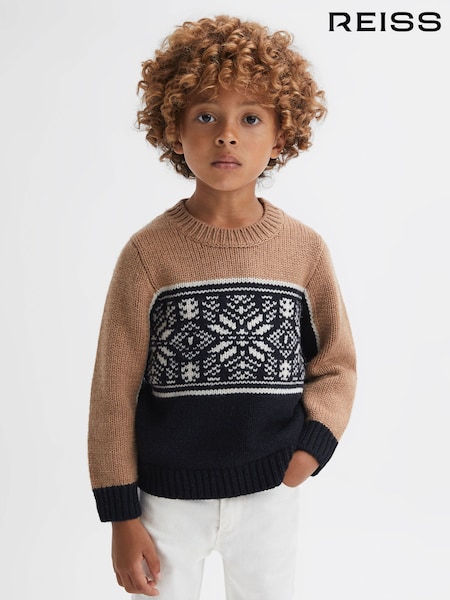 Reiss Navy/Camel Nash 3-9 yrs Knitted Colourblock Crew Neck Jumper (N31491) | €64