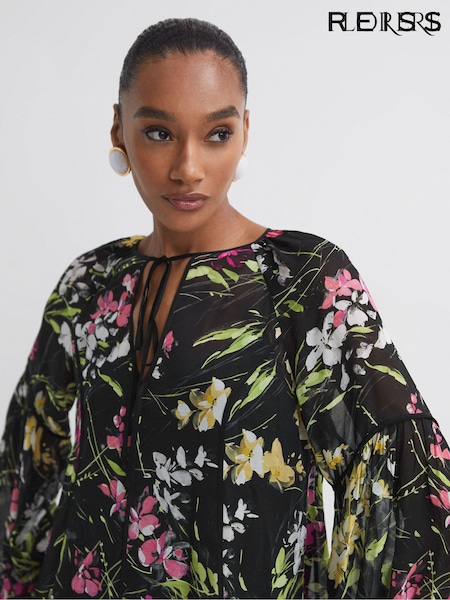 Florere Sheer Floral Tie Neck Blouse (N31514) | ₪744