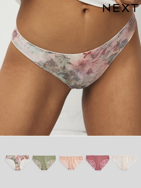 Creme/Pink geblümt/Pink mit Rosen/Salbeigrün - Lace No VPL Brazilian Briefs 5 Pack (N31816) | 7 €