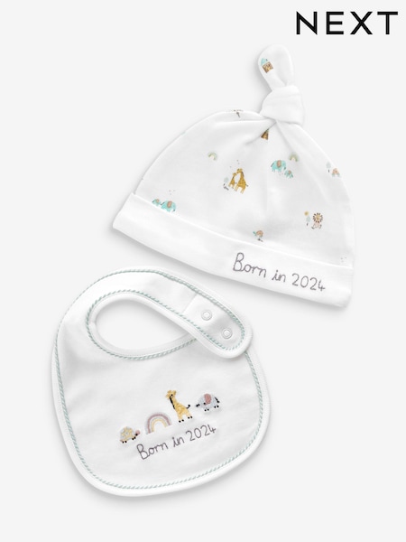 White Born In 2024 100% Cotton Bib And Hat 2 Piece Set (0-12mths) (N31825) | €3