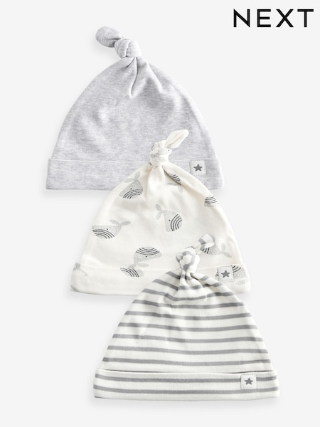 Grau/Wal - Baby 100% Cotton Tie Top Hats 3 Pack (0-18mths) (N31848) | 5 €
