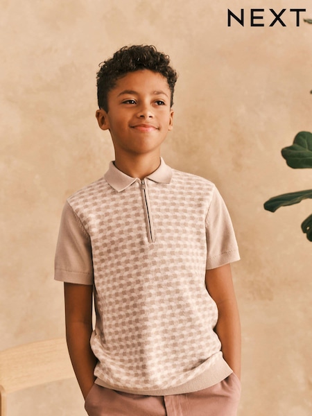 Neutral Print 100% Cotton Short Sleeve Zip Neck Polo Shirt (3-16yrs) (N31915) | €10 - €13