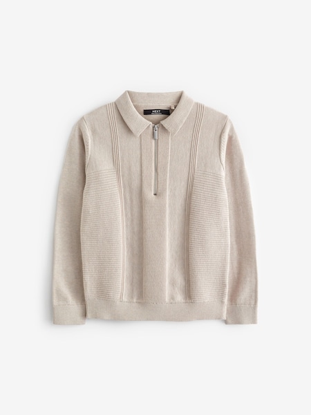 Putty Textured Knit Zip Neck Long Sleeve Polo Shirt (3-16yrs) (N31923) | €9 - €12.50