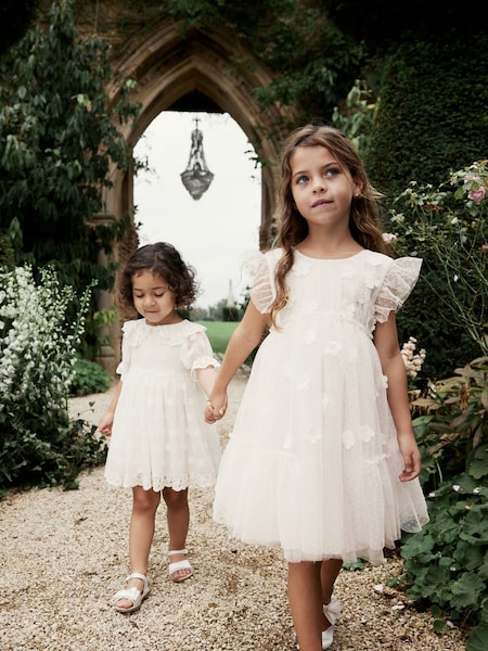Ecru White 3D Flower Mesh Flower Girl Dress (3-16yrs) (N31946) | €41 - €50