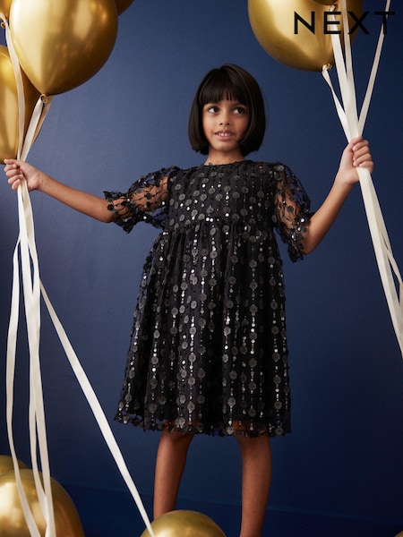 Black Sequin Mesh Flower Party Dress (3-16yrs) (N31950) | AED61 - AED76