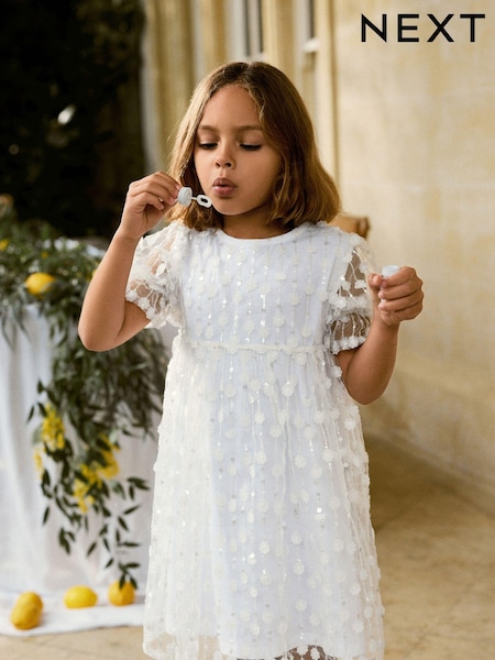White Sequin Mesh Flower Party Dress (3-16yrs) (N31953) | AED85 - AED106