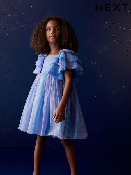 Violett/Blau glitzernd - Frill Sleeve Mesh Party Dress (3-16yrs) (N31959) | 13 € - 16 €