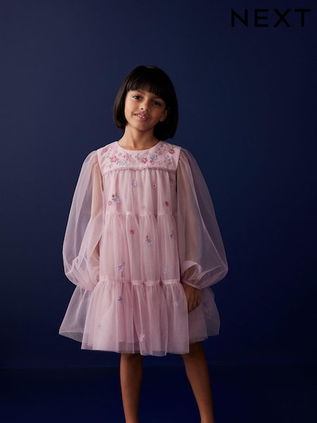 Pink Pretty Embroidered Long Sleeve Soft Mesh Dress (3-16yrs) (N31962) | AED88 - AED109