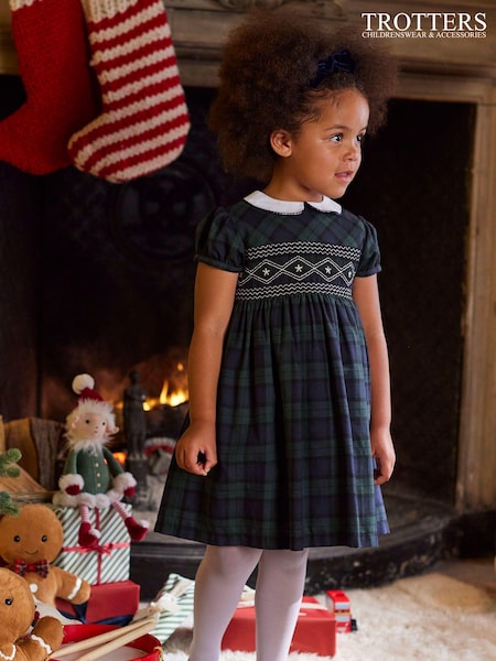 Trotters London Blue Charlotte Tartan Smocked Dress (N32019) | AED215 - AED233