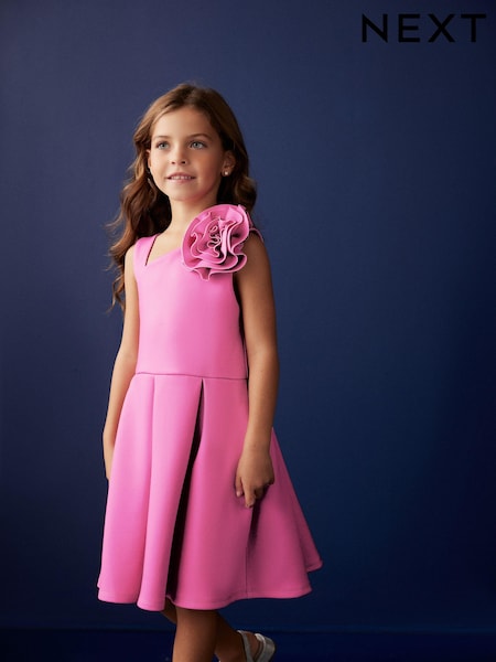 Pink 3D Flower Corsage Asymmetric Scuba Occasion Dress (1.5-16yrs) (N32175) | € 11 - € 16
