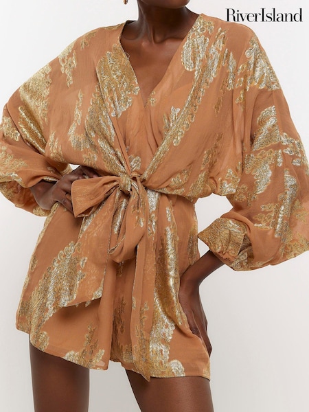 River Island Brown Tie Mini Metallic Playsuit (N32188) | €14