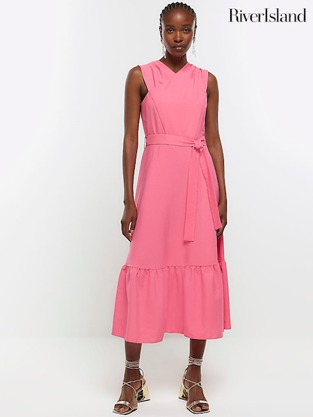 River Island Pink Cross Front Belted Midi Dress (N32214) | €33
