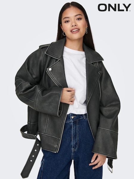ONLY Distressed Faux Leather Relaxed Fit Biker Jacket (N32509) | 271 LEI