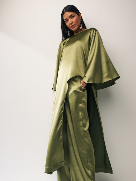 Green Longline Satin Blouse (N32694) | AED67